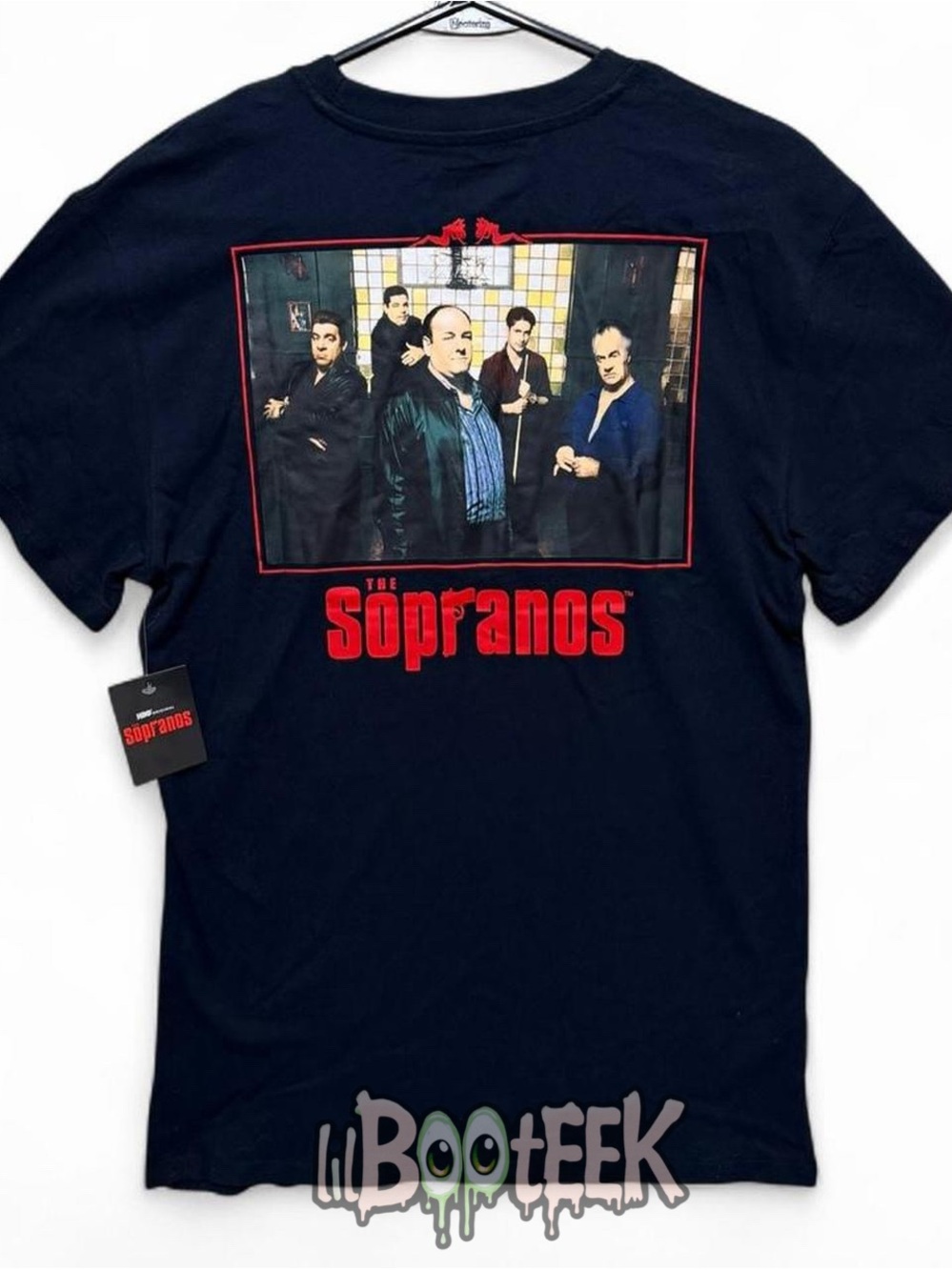 Sopranos Black Graphic Tee with Red Embroidered Bada Bing Logo